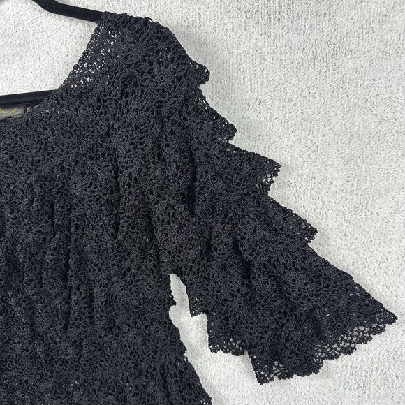 Whimsigoth Black Crochet Lace Silk Top L/XL Tiered Ruffle Fairy Boho Festival - Picture 3 of 7
